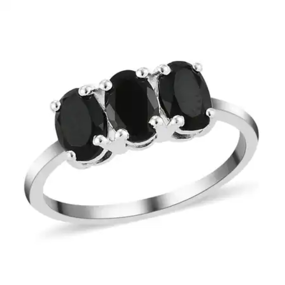 Thai Black Spinel 3 Stone Ring in Sterling Silver 1.65 ctw